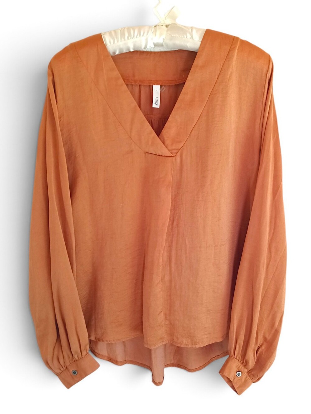 glam Orange V-Neck Long Sleeve Tunic Blouse Flowy Satin Boho Fall Pumpkin Large
